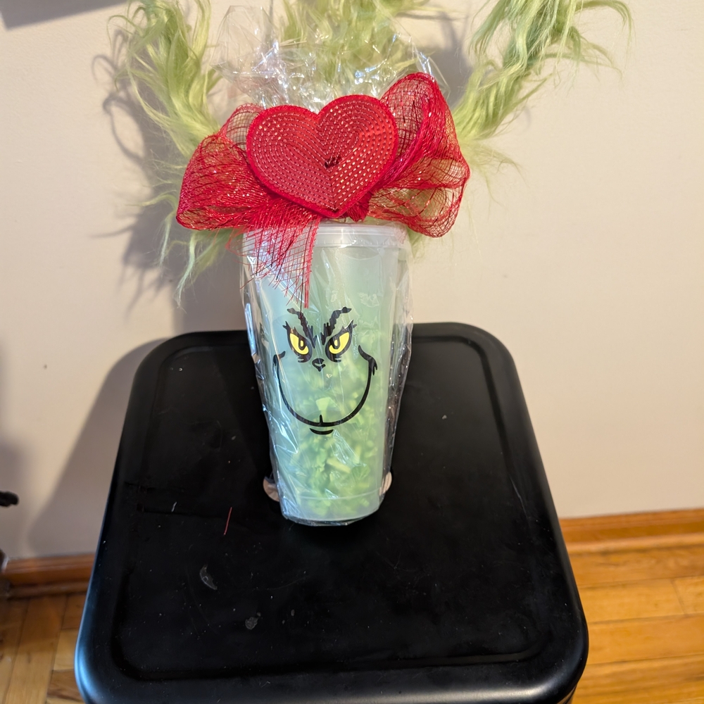 Grinch-Themed Holiday Cup with Red Bow